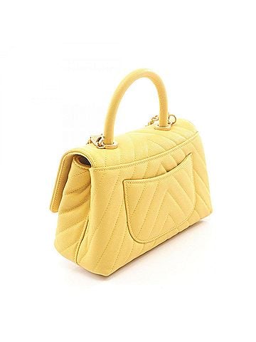 Chanel Chanel Coco Handle Flap V-Stitch 2-Way Handbag, Caviar Skin (Grained Calfskin), Women's, Yellow, A92990 (view 2)