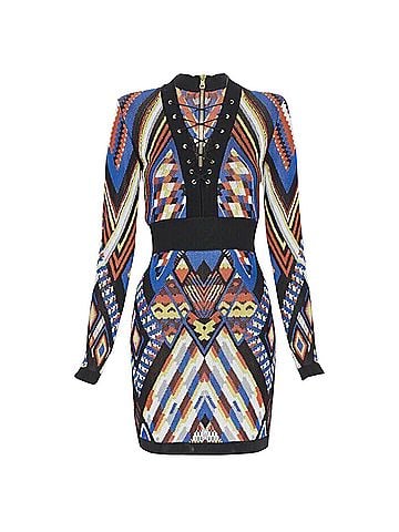 Balmain Balmain ethnic tribal knitted lace V-neck bodycon mini dress (view 1)