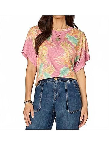 Democracy Short Dolman Sleeve Scoop Neck Printed Top in Wild Mulberry Multi (view 2)