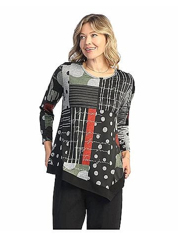 Jess & Jane Amelia Asymmetric Slinky Knit Top in Black Multi (view 2)