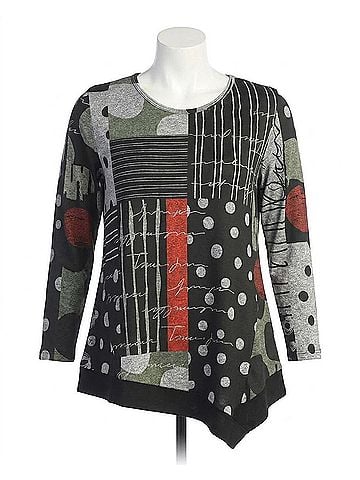 Jess & Jane Amelia Asymmetric Slinky Knit Top in Black Multi (view 1)