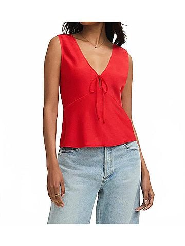 Z Supply Luana V Neck Satin Top in Kiss Me Red (view 2)
