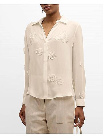 Elie Tahari Jaslynn Floral Applique Silk Blouse in Sand (view 2)