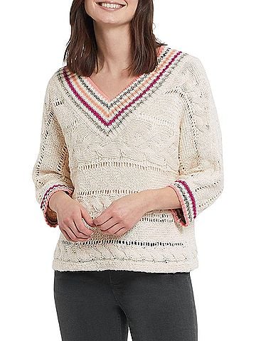Tribal Nicole Quarter Sleeve V-Neck Sweater in Natural (view 2)