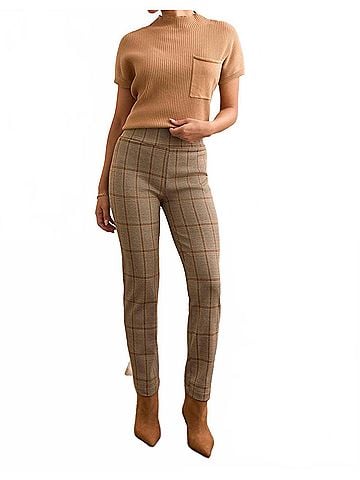 Tribal Plaid Knit Ponte Pull-On Ankle Pant in Ice Latte (view 2)