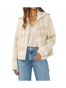 Lovestitch Plaid Knit Zip-Up Bomber Jacket in Ivory (view 2)