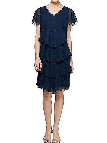 SLNY Georgette Tiered Capelet Dress in Navy (view 2)