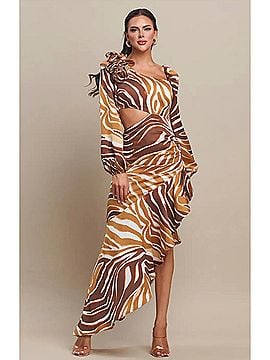The Sang Long Sleeve Diagonal Ruffle Maxi Dress in Beige (view 2)