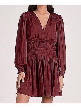 Elan V-Neck Long Sleeve Smocked Waist Dress in Plum (view 2)