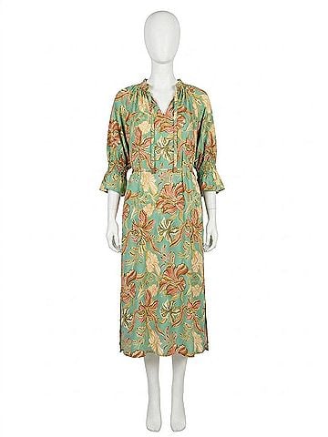 Democracy 3/4 Sleeve Ruched Neck Printed Dress in Sea Glass Multi (view 1)
