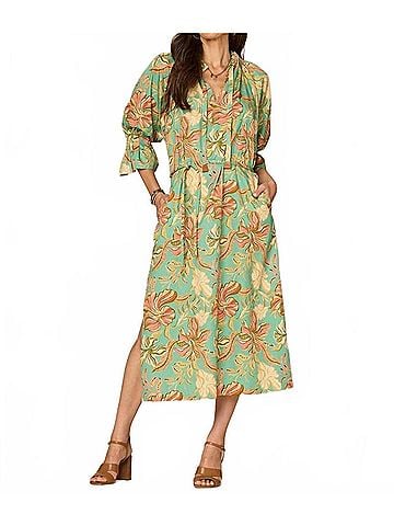 Democracy 3/4 Sleeve Ruched Neck Printed Dress in Sea Glass Multi (view 2)