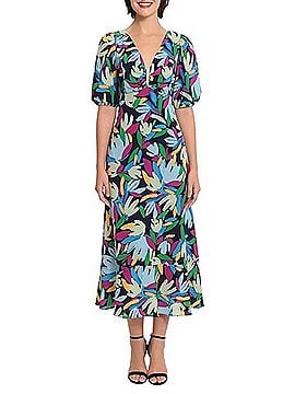 Donna Morgan Short Sleeve Leaf Print Midi Dress in Navy Light Blue (view 2)