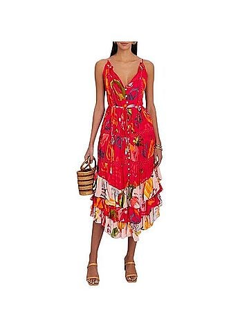 FARM Rio Mixed Fruits Ocean Tiered Asymmetric Ruffled Midi Dress Casual Dress (view 1)