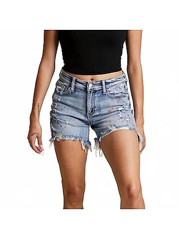 Judy Blue Mid-Rise Rainbow Paint Splash Cut Off Shorts in Blue (view 2)