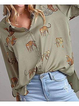 Umgee Satin Animal Print Blouse in Light Olive (view 2)