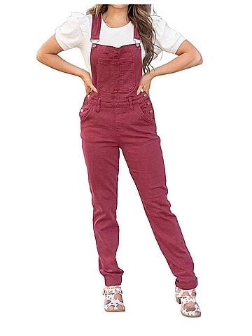 Judy Blue High Waist Garment Dyed Boyfriend Double Cuff Overalls in Maroon (view 2)