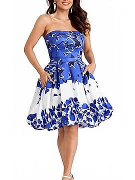 Jovani Strapless Floral A-Line Dress With Pleated Skirt in Blue White Floral (view 2)