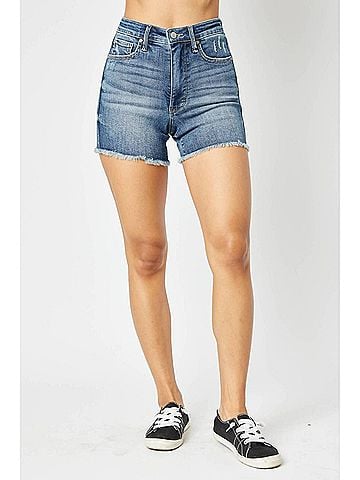 Judy Blue High Waist Tummy Control Fray Hem Shorts in Medium Wash (view 2)