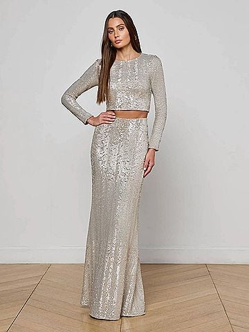 L'Agence Zeta Sequin Long Skirt in Silver (view 2)