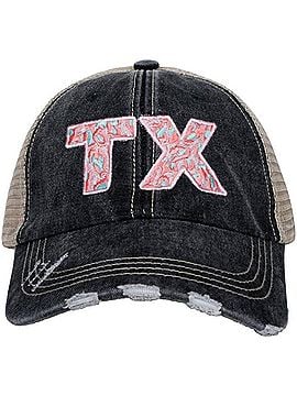 Katydid Collection Women's Texas State Embroidered Distressed Trucker Hat in Pink Leopard (view 1)