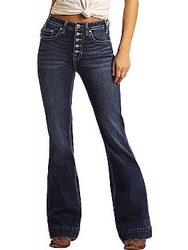 Rock & Roll Denim Women's High Rise Extra Stretch Button Fly Trouser Jeans in Blue (view 2)
