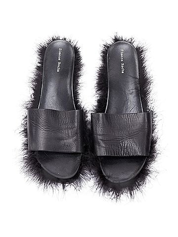 Simone Rocha Simone Rocha Feather Trimmed Leather Flat Slides Mules (view 1)