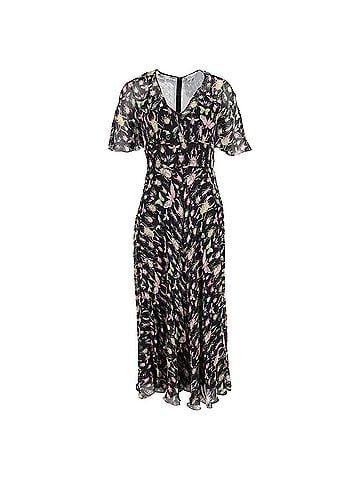 Kea and Joby Red Valentino V-neck Printed Midi Dress in Black Silk (view 1)