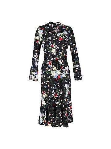Erdem Erdem Hilma Tie-Neck Long-Sleeve Jersey Midi Dress in Floral Print Silk (view 1)