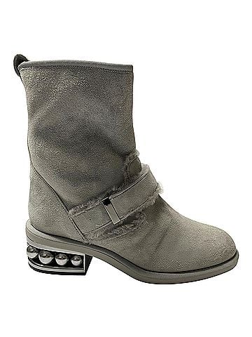Nicholas Kirkwood Nicholas Kirkwood Casiti Pearl Embellished Biker Boots in Grey Suede (view 1)