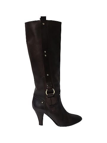 Céline Celine High Heeled Boots with Buckle in Brown Calfskin Leather (view 1)