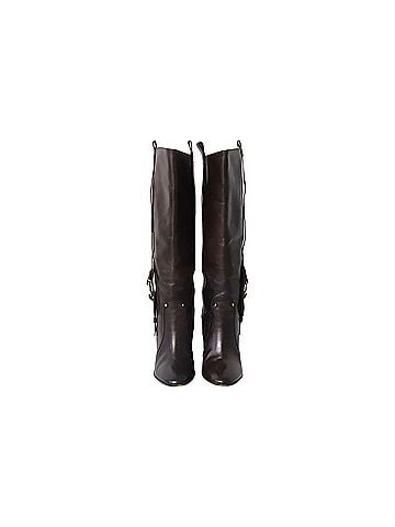 Céline Celine High Heeled Boots with Buckle in Brown Calfskin Leather (view 2)