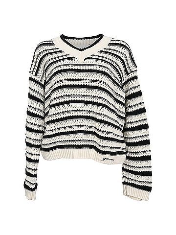 Ganni Ganni Striped Knitted V-Neck Sweater in White and Black Cotton (view 1)