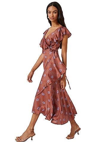 Anthropologie Satin Ruffle-Sleeve Printed-Wrap Maxi Dress Casual Dress (view 1)