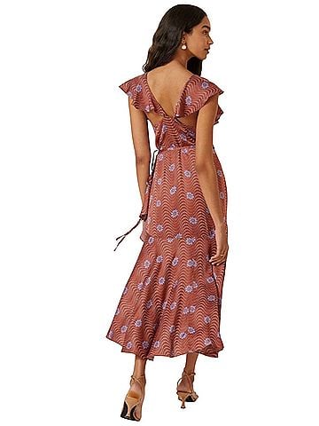 Anthropologie Satin Ruffle-Sleeve Printed-Wrap Maxi Dress Casual Dress (view 2)