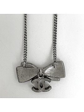 Chanel Chanel Coco Mark Ribbon Motif Necklace, Silver Plated, Rhinestone, Silver, Women's (view 2)
