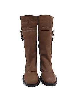 Salvatore Ferragamo Salvatore Ferragamo Buckle Accent Riding Boots in Brown Suede (view 2)