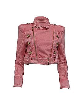 Balmain Balmain Belted Cropped Denim Jacket in Pink Cotton (view 1)