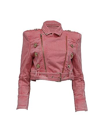 Balmain Balmain Belted Cropped Denim Jacket in Pink Cotton (view 1)