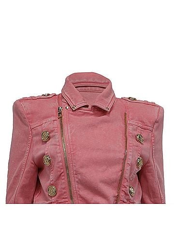 Balmain Balmain Belted Cropped Denim Jacket in Pink Cotton (view 2)
