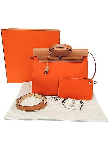 Hermès Hermes Her Bag Zip MM Men,Women Toile Officier,Leather Handbag,Shoulder Bag Beige,Orange (view 2)