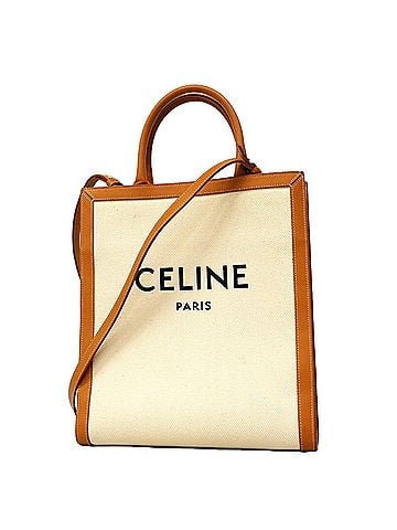 Céline Celine Vertical Cabas Tote Bag, Canvas and Leather, White Brown, 2-way bag for women (view 1)
