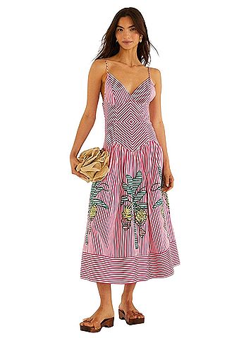 FARM Rio Pink Palm Tree Stripes Cutwork Midi Dress Casual Dress (view 1)