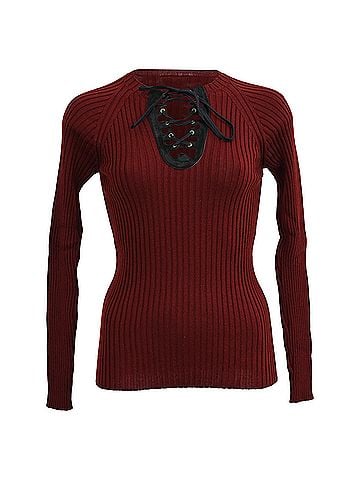 Jean Paul Gaultier Jean Paul Gaultier Ribbed-Knit Lace-Up Accent Sweater in Burgundy Wool (view 1)