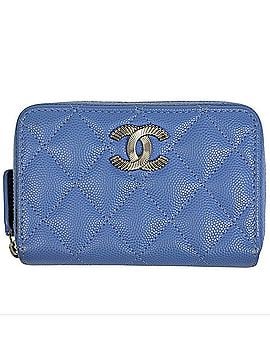 Chanel Chanel Coco Mark Round Zip Wallet/Coin Purse/Card Case, Matelassé Caviar Skin, Blue, Women's (view 1)