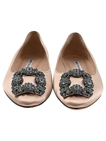 Manolo Blahnik Manolo Blahnik Hangisi Jewel Buckle Flat Pumps in Beige Satin (view 2)