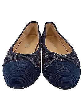 Chanel Chanel Interlocking CC Logo Tweed Ballet Flats in Navy Blue Cotton (view 2)