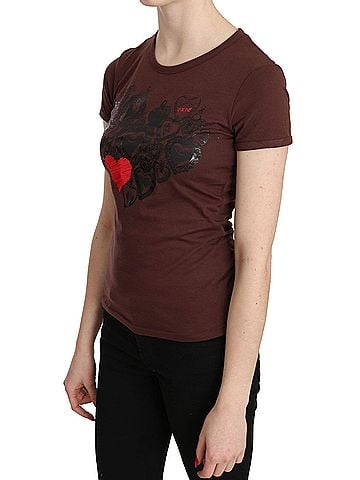 Exte Brown Hearts Printed Round Neck T-shirt Women's Top (view 2)