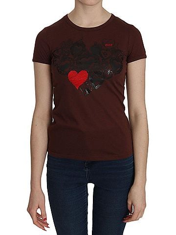 Exte Brown Heart Print Crew Neck T-shirt Short Sleeve Women's Blouse (view 1)