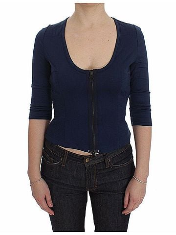 Exte Blue Cotton Top Zipper Deep Crew-neck Women's Sweater (view 1)