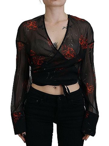 Dsquared2 Black Floral Print Cropped Wrap Long Sleeves Women's Top (view 1)